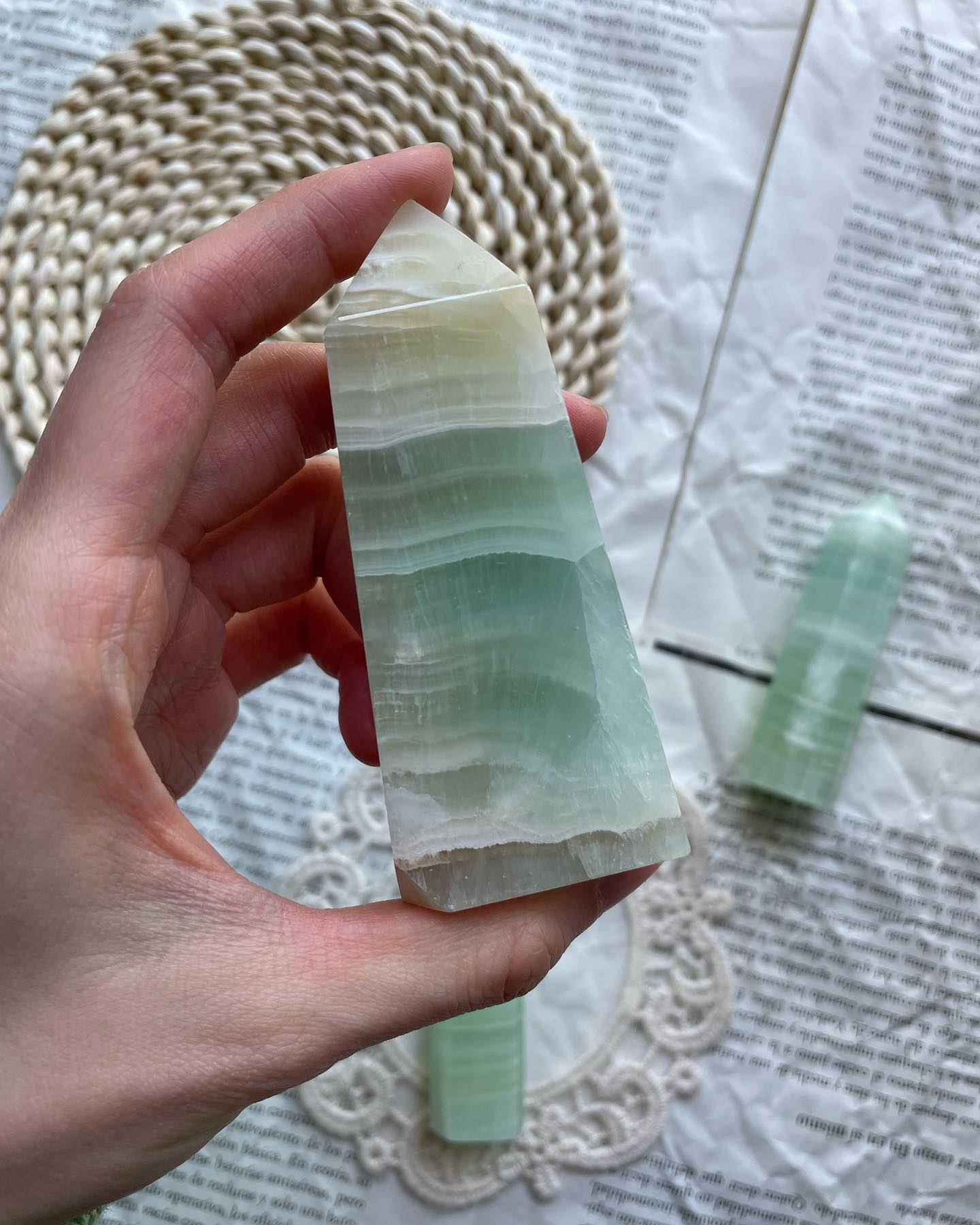 Small fresh blue and green calcite crystal column